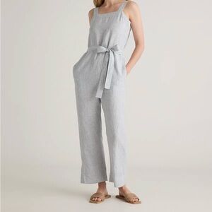 Quince 100% European Linen Square Neck Jumpsuit in Blue Pinstripe